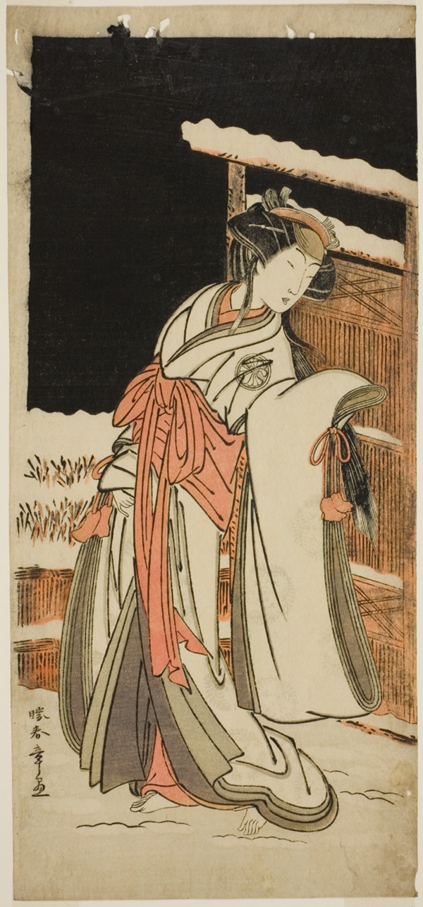 The Actor Segawa Kikunojo III as Lady Shizuka (Shizkua Gozen) Disguised as Tamazusa in the Play Chigo Torii Tobiiri Kitsune, Performed at the Ichimura Theater in the Eleventh Month, 1777