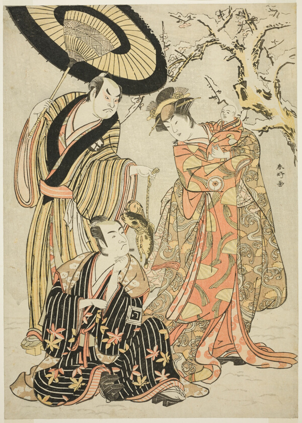 Actors Iwai Hanshirô IV, Ichikawa Monnosuke II, and Sakata Hangorô III, in “Snowflakes: Raising the Standard at Izu” (“Mutsu no Hana Izu no Hataage”)