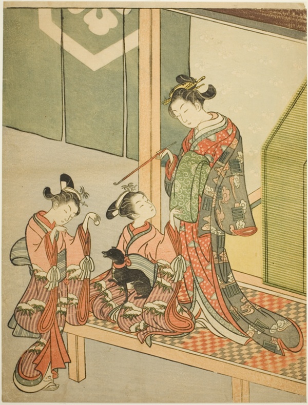 Courtesan and Two Attendants Playing with a Dog