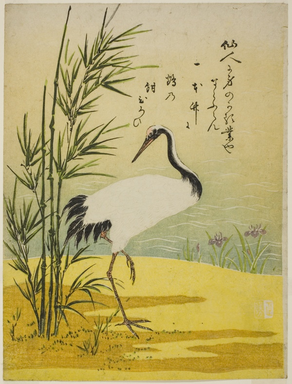 Crane, Bamboo and Iris