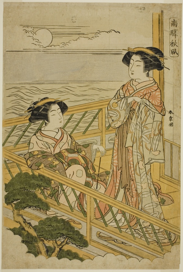 Two Courtesans on a Moonlit Balcony at a House of Pleasure in Shinagawa, from the series 