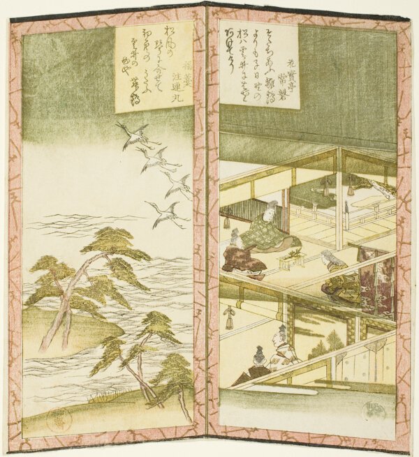 Palace interior and beach, from an untitled hexaptych depicting a pair of folding screens