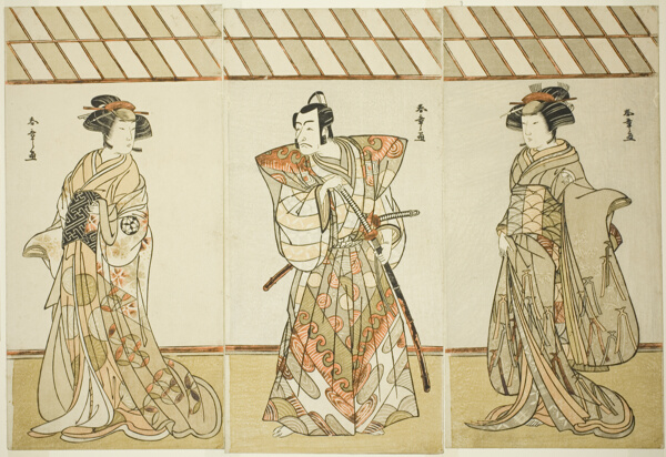 Actors Onoe Tamizô I, Ichikawa Danjûrô V, and Osagawa Tsuneyo II, in (possibly) “A Dandyish Brocade: Opposing Warriors” (“Date Nishiki Tsui noYumitori”)