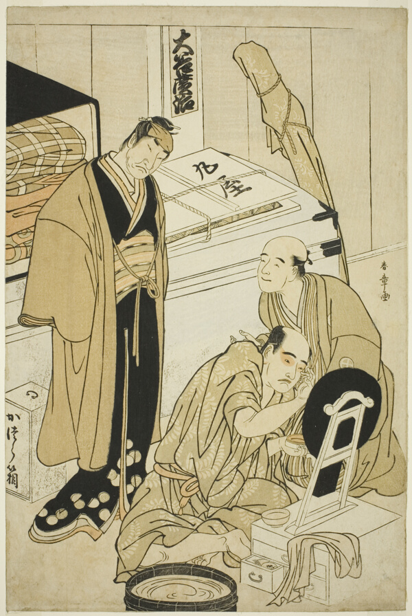 Actor Ôtani Hiroji III in His Dressing Room, Assisted by (possibly) Ôtani Tokuji I and Observed by (possibly) Nakamura Nakazô I