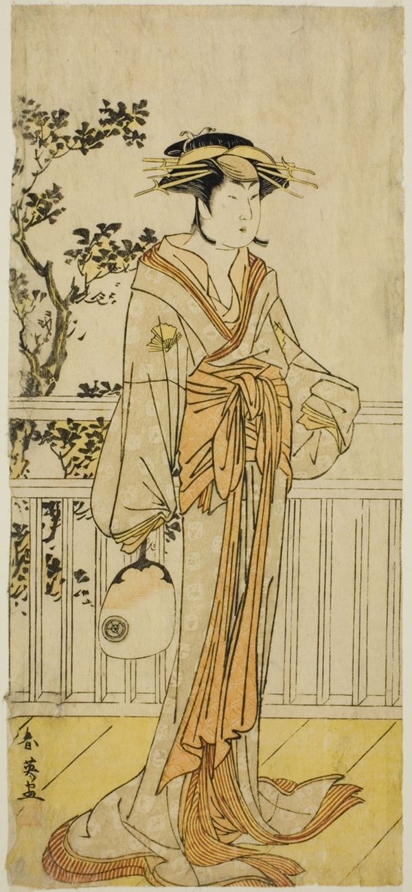 The Actor Iwai Hanshiro IV as Okumi of the Mieido Fan Shop (?) in the Play Sanjuk-koku Yobune no Hajimari (?), Performed at the Ichimura Theater (?) in the Fifth Month, 1789 (?)
