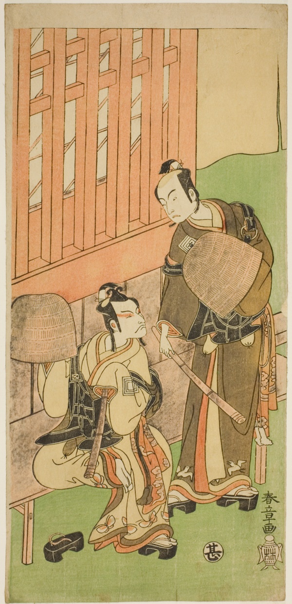 The Actors Ichikawa Komazo II as Soga no Juro Sukenari (right), and Ichikawa Danjuro V as Soga no Goro Tokimune (left), in Komuso Attires, in the Play Sakaicho Soga Nendaiki, Performed at the Nakamura Theater in the First Month, 1771