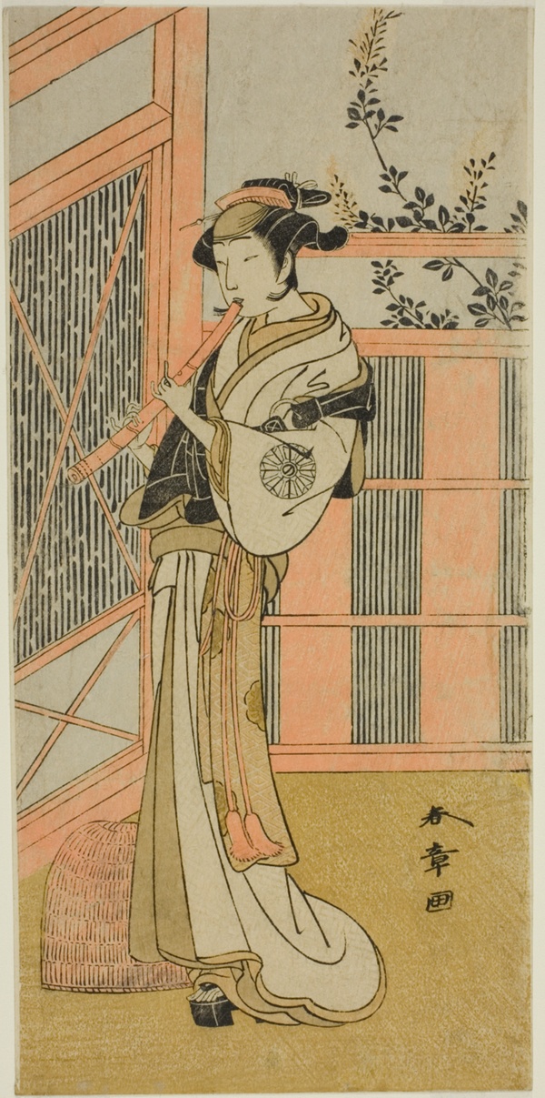 The Actor Nakamura Noshio I as Misao Disguised as a Komuso in the Play Kosode-gura no Tekubari, Performed at the Morita Theater in the Second Month, 1772 (?)