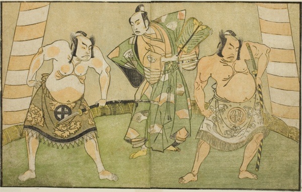 The Actors Nakamura Sukegoro II as Matano no Goro (right), Onoe Kikugoro I as Soga no Taro (center), and Otani Hiroji III as Kawazu no Saburo (left), in the Play Myoto-giku Izu no Kisewata, Performed at the Ichimura Theater in the Eleventh Month, 1770