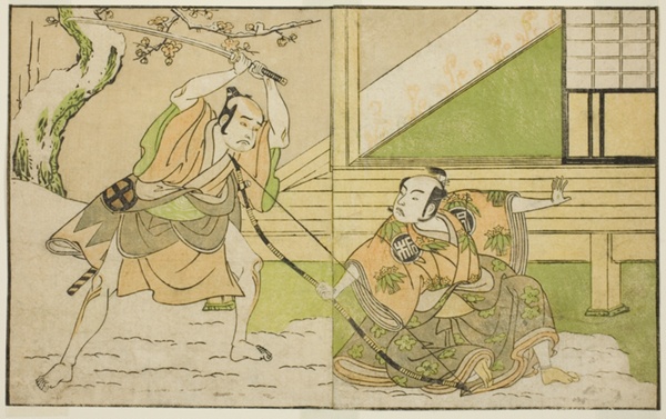 The Actors Arashi Sangoro II as Hojo Tokiyori (right), and Otani Hiroji III as Koga Saburo (left), in the Play Kono Hana Yotsugi no Hachi no Ki, Performed at the Ichimura Theater in the Eleventh Month, 1771