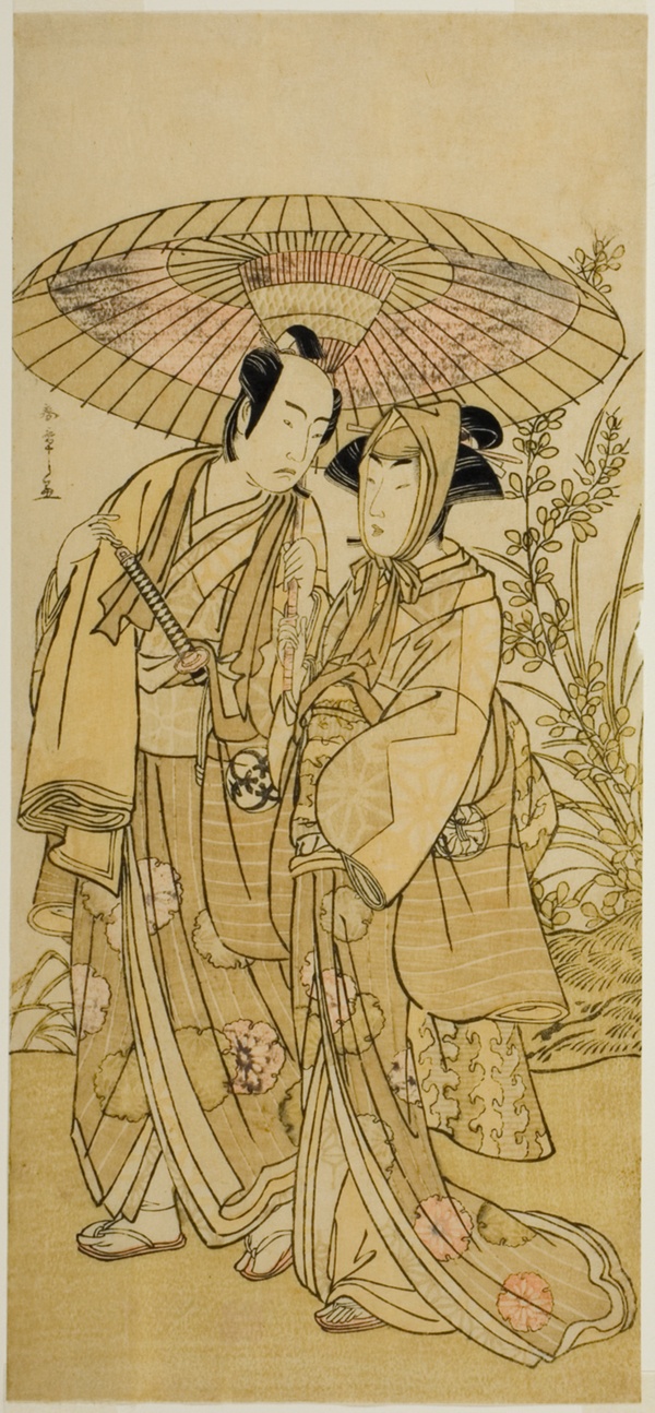 The Actors Segawa Kikunojo III (right) as Ochiyo, and Bando Mitsugoro I (left) as the Greengrocer Hambei, in the Play Kabuki no Hana Bandai Soga, Performed at the Ichimura Theater in the Fourth Month, 1781