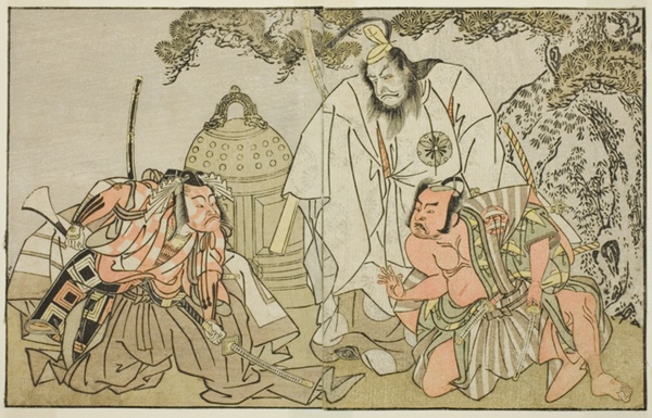 The Actors Nakajima Mihoemon II as Aramaki Mimishiro (right), Matsumoto Koshiro II as Otomo no Yamanushi (center), and Ichikawa Danzo III as Hannya no Goro (left), in the Play Kuni no Hana Ono no Itsumoji, Performed at the Nakamura Theater in the Eleventh Month, 1771