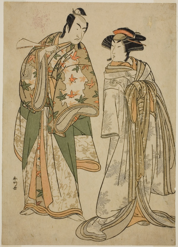 The Actors Segawa Kikunojo III as the Courtesan Sumizome (right), and Ichikawa Monnosuke II as Goinosuke Yoshimine (left), in the Play Juni-hitoe Komachi-zakura, Performed at the Kiri Theater in the Eleventh Month, 1784