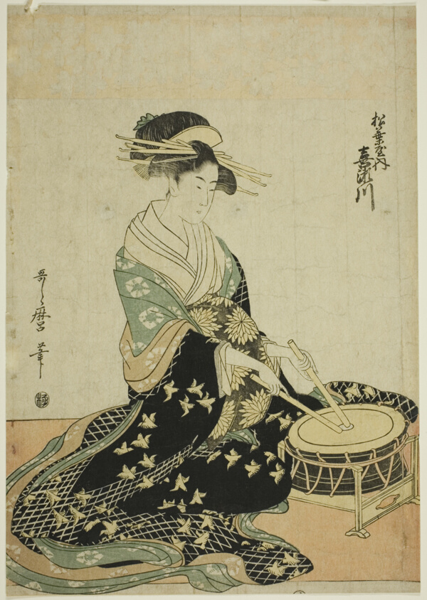 The Courtesan Kisegawa of the Matsubaya, from an untitled series of courtesans of the Matsubaya as five musicians
