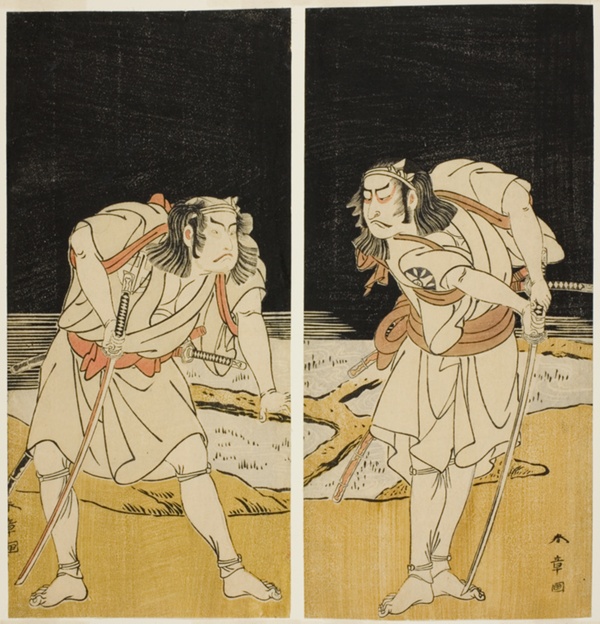 The Actors Nakamura Nakazo I as Omi no Kotoda (right), and Otani Hiroji III as Bamba no Chuda (left), in the Joruri 