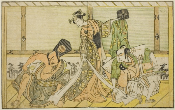 The Actors Otani Hiroji III as Kawazu no Saburo (right), Segawa Kikunojo II as Princess Tatsu (Tatsu Hime) (center), and Nakamura Sukegoro II as Matano no Goro (left), in the Play Myoto-giku Izu no Kisewata, Performed at the Ichimura Theater in the Eleventh Month, 1770