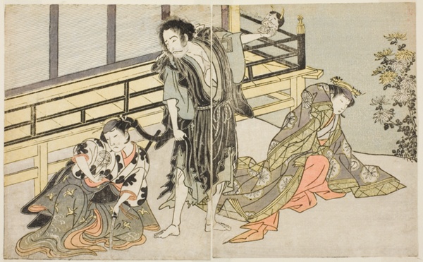 The Actors Nakamura Noshio I as Nyosan no Miya (right), Ichikawa Danjuro V as the Renegade Monk Yochin (center), and Yamashita Kinsaku II as the Maid Mutsuhana (left), in the Play Fuki Kaete Tsuki mo Yoshiwara, Performed at the Morita Theater in the Eleventh Month, 1771