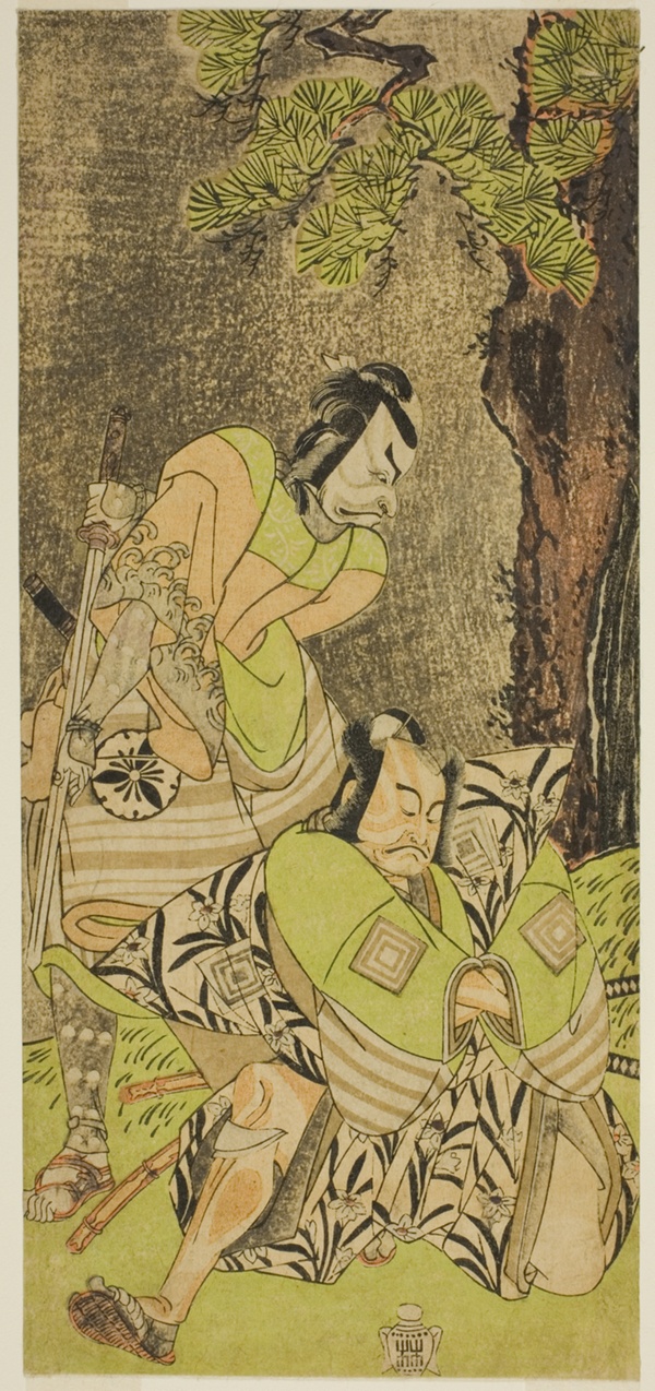 The Actors Ichikawa Danzo III as I no Hayata Tadazumi (right), and Matsumoto Koshiro II as Osada no Taro Kagemune (left), in the Play Nue no Mori Ichiyo no Mato, Performed at the Nakamura Theater in the Eleventh Month, 1770