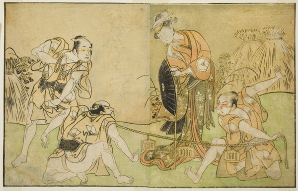 The Actors Bando Zenji I as Nagahashi Saburo, Iwai Hanshiro IV as Otatsu-gitsune, Nakamura Konozo as Hagai Ujitsune, and an Unidentified Actor (right to left), in the Play Nue no Mori Ichiyo no Mato, Performed at the Nakamura Theater in the Eleventh Month, 1770
