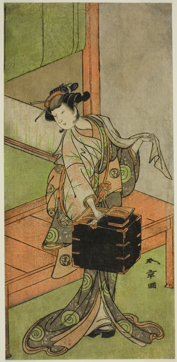 The Actor Yamashita Kinsaku II as Miyagino Disguised as a Hairdresser in the Play Kosode-gura no Tekubari, Performed at the Morita Theater in the Second Month, 1772 (?)