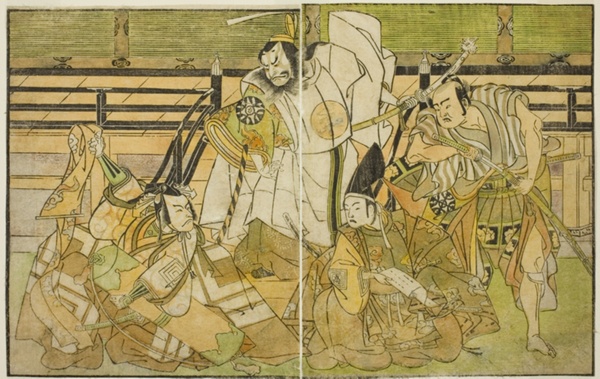 The Actors Nakamura Denkuro II as Seno-o Taro, Ichikawa Komazo II as Yorimasa, Nakamura Nakazo I as Taira no Kiyomori, and Ichikawa Danjuro V as Kiou Takiguchi (right to left), in the Play Nue no Mori Ichiyo no Mato, Performed at the Nakamura Theater in the Eleventh Month, 1770