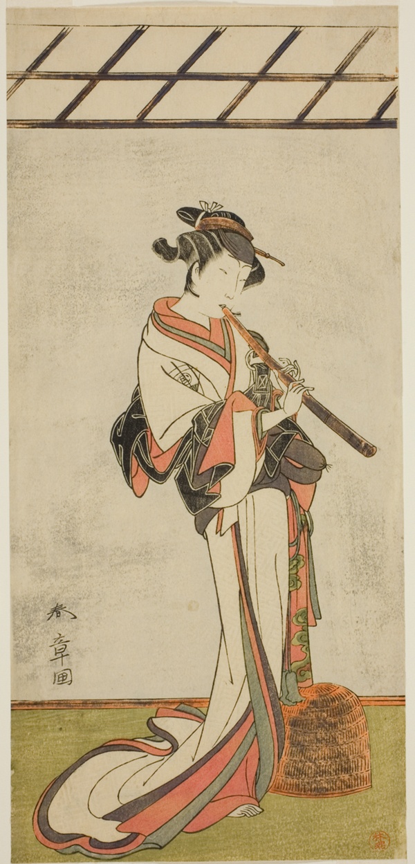 The Actor Onoe Tamizo I as Oiso no Tora or Kewaizaka no Shosho, Disguised as a Female Komusu (?), in the Play Yui Kanoko Date-zome Soga (?), Performed at the Ichimura Theater (?) in the First Month, 1774 (?)