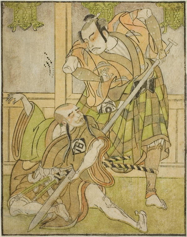 The Actors Kasaya Matakuro II as Nobuyori Disguised as the Yakko Gunnai (right), and Miyazaki Hachizo as the Lay Monk Hambyo Nyudo (left), in the Play Nue no Mori Ichiyo no Mato, Performed at the Nakamura Theater in the Eleventh Month, 1770