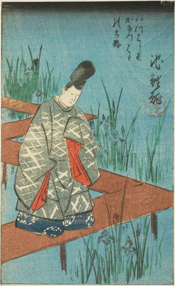 Chiryu: The Old Story of the Irises at Yatsuhashi Bridge (Yatsuhashi no kakitsubata no koji), section of sheet no. 12 from the series 