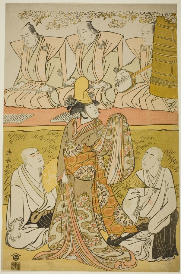 The Actor Nakamura Nakazo I as the Shirabyoshi Katsuragi, Matsumoto Koshiro IV as the monk Meigetsubo, and Otani Hiroji III as the monk Izayoibo, in the play 