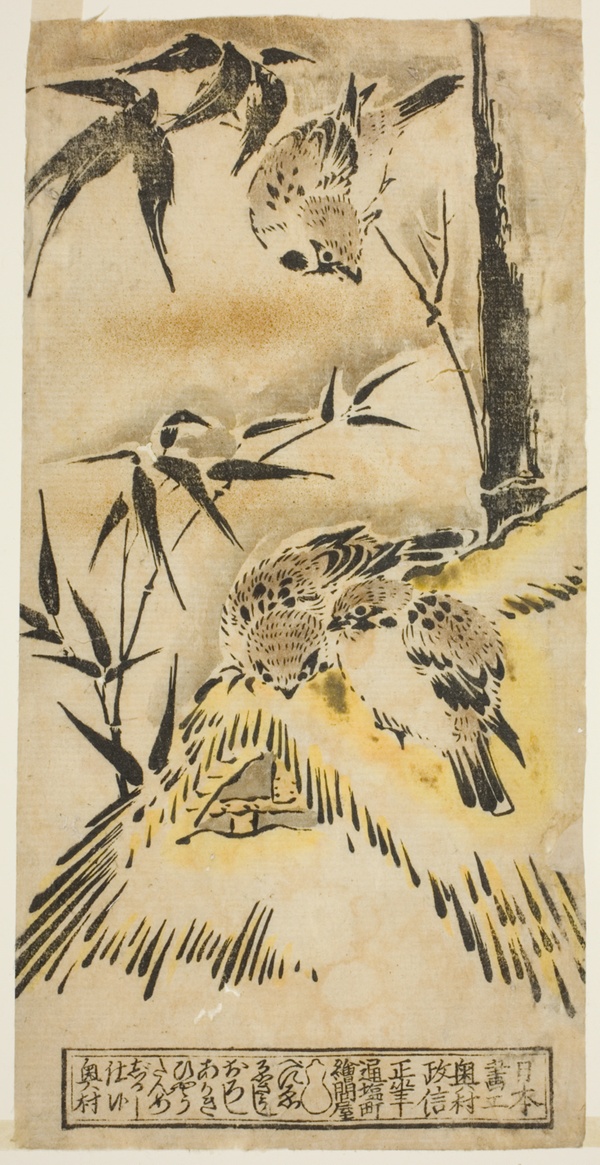 Sparrows, Thatched Roof, and Bamboo