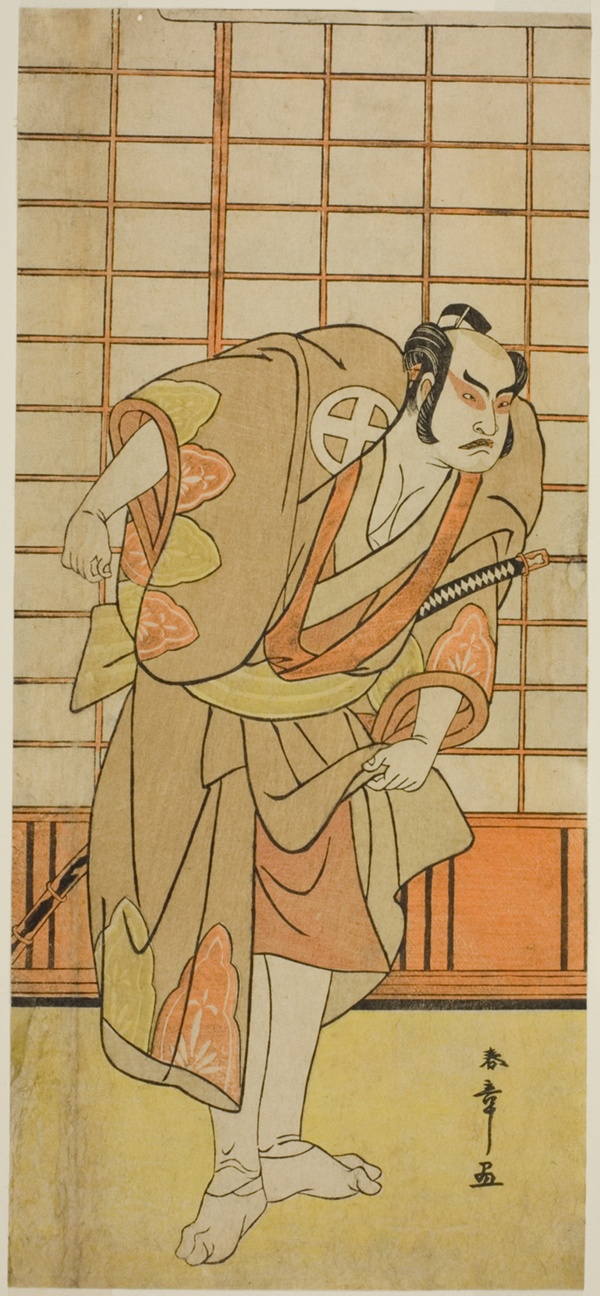 The Actor Otani Hiroji III as Hata no Daizen Taketora Disguised as Shikishima Wakahei in the Play Juni-hitoe Komachi-zakura, Performed at the Kiri Theater in the Eleventh Month, 1784
