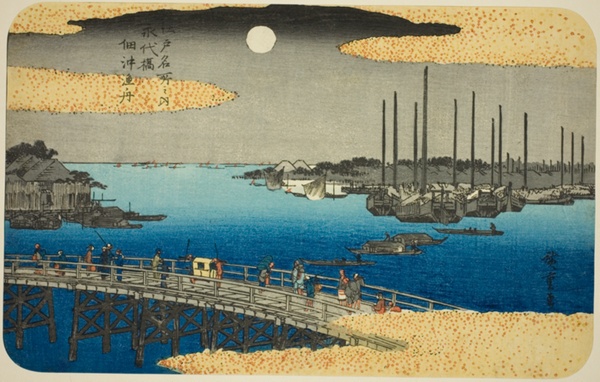 Fishing Boats near Eitai Bridge in Tsukuda Bay (Eitaibashi Tsukuda oki isaribune), from the series 