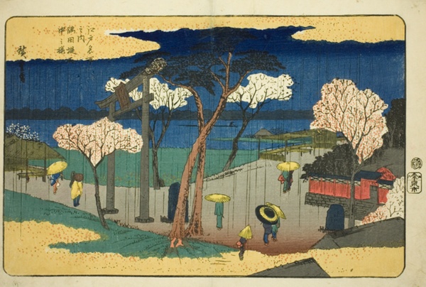 Cherry Blossoms in Rain at the Sumida Embankment (Sumida zutsumi uchu no sakura), from the series 
