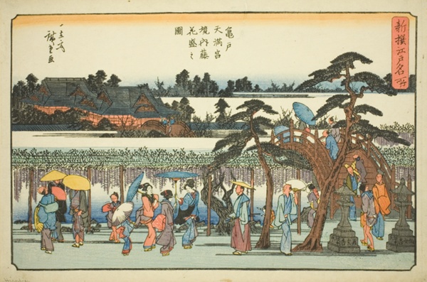 Wisteria in Full Bloom in the Precincts of the Kameido Tenmangu Shrine (Kameido Tenmangu keidai fuji hanazakari no zu), from the series 