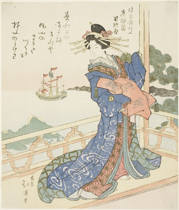 Courtesan watching foreign ship from balcony