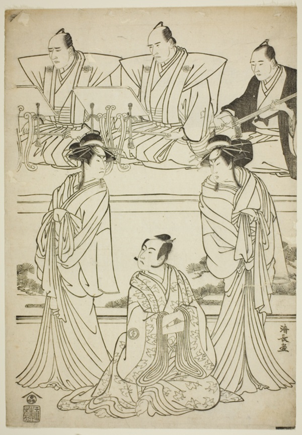 The Actors Segawa Kikunojo III as the ghost of Yatsuhashi, Sawamura Sojuro III as Soga no Juro, and Ichikawa Danjuro V as the ghost of Seigen, in the play 