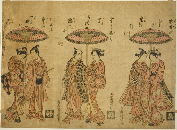 Three couples sharing umbrellas