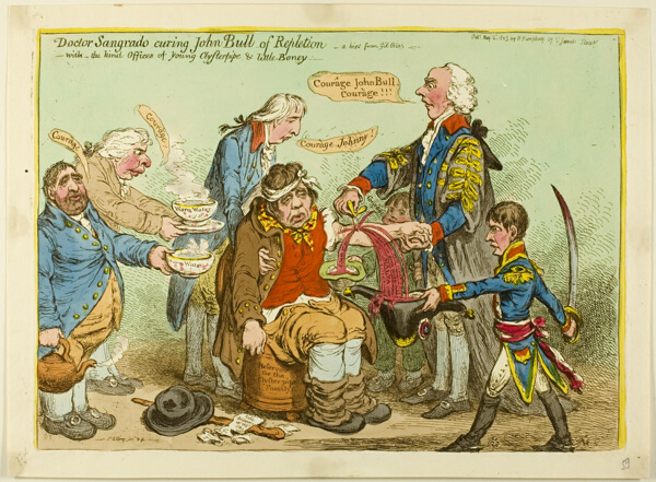 Doctor Sangrado Curing John Bull of Repletion-With the Kind of Offices of Young Clysterpipe & Little Boney