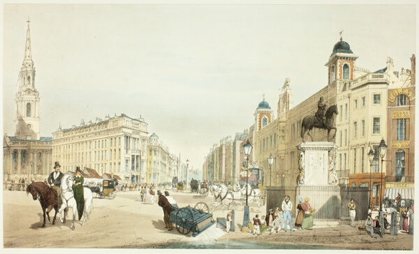 Entry to The Strand from Charing Cross, plate twenty from Original Views of London as It Is