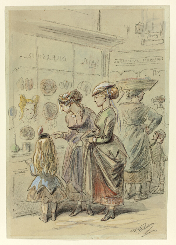 Two Ladies and Little Girl Before Hairdresser's Shop