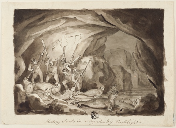 Killing Seals in a Cavern by Torchlight (recto); Sketch of Hunters and Board (verso)