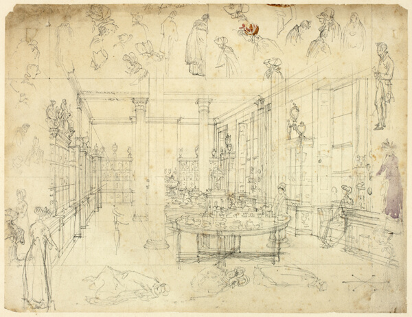 Study for Wedgwood and Byerly, York Street, St James' Square from London in Miniature (recto); Sketches of Women, Cabinet (verso)