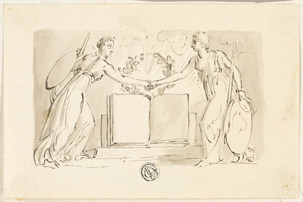 Two Allegorical Female Figures Clasping Hands before Book