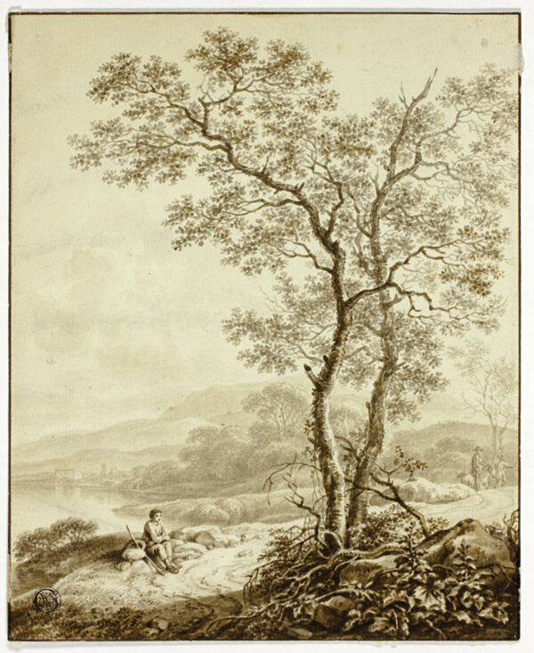 Winding Road Beside Lake, with Large Tree and Resting Traveler in Foreground