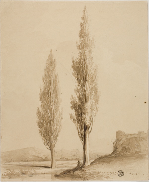 Two Poplars and Seated Figure Beside Stream