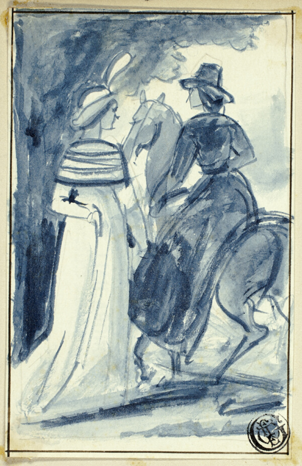 Two Women (One on Horseback) in Late 18th Century Dress