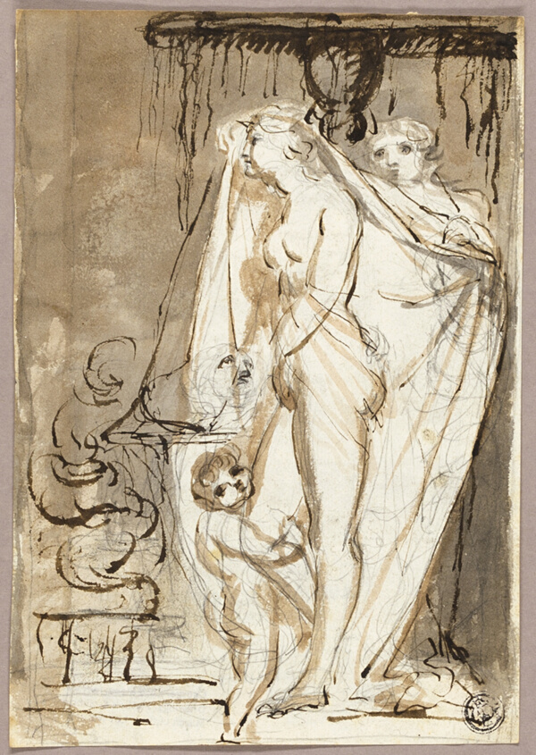 Sculptor Undraping Sculpture of a Nude Woman and Child