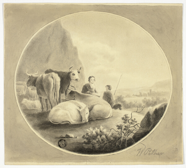 Herdsmen, Cows and Sheep in Landscape