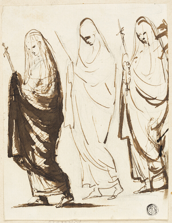 Procession of Three Draped Women Holding Crosses or Sceptres