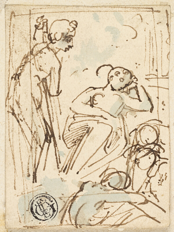 Sketch of Man Leaning on Staff, Looking at Sleeping Woman