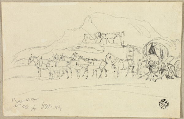 Wagon with Eight Horses Being Hitched
